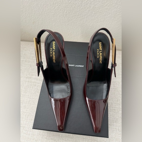 SAINT LAURENT LEE EMBELLISHED PATENT LEATHER SLINGBACK PUMPS IN BURGANDY - Picture 11 of 16